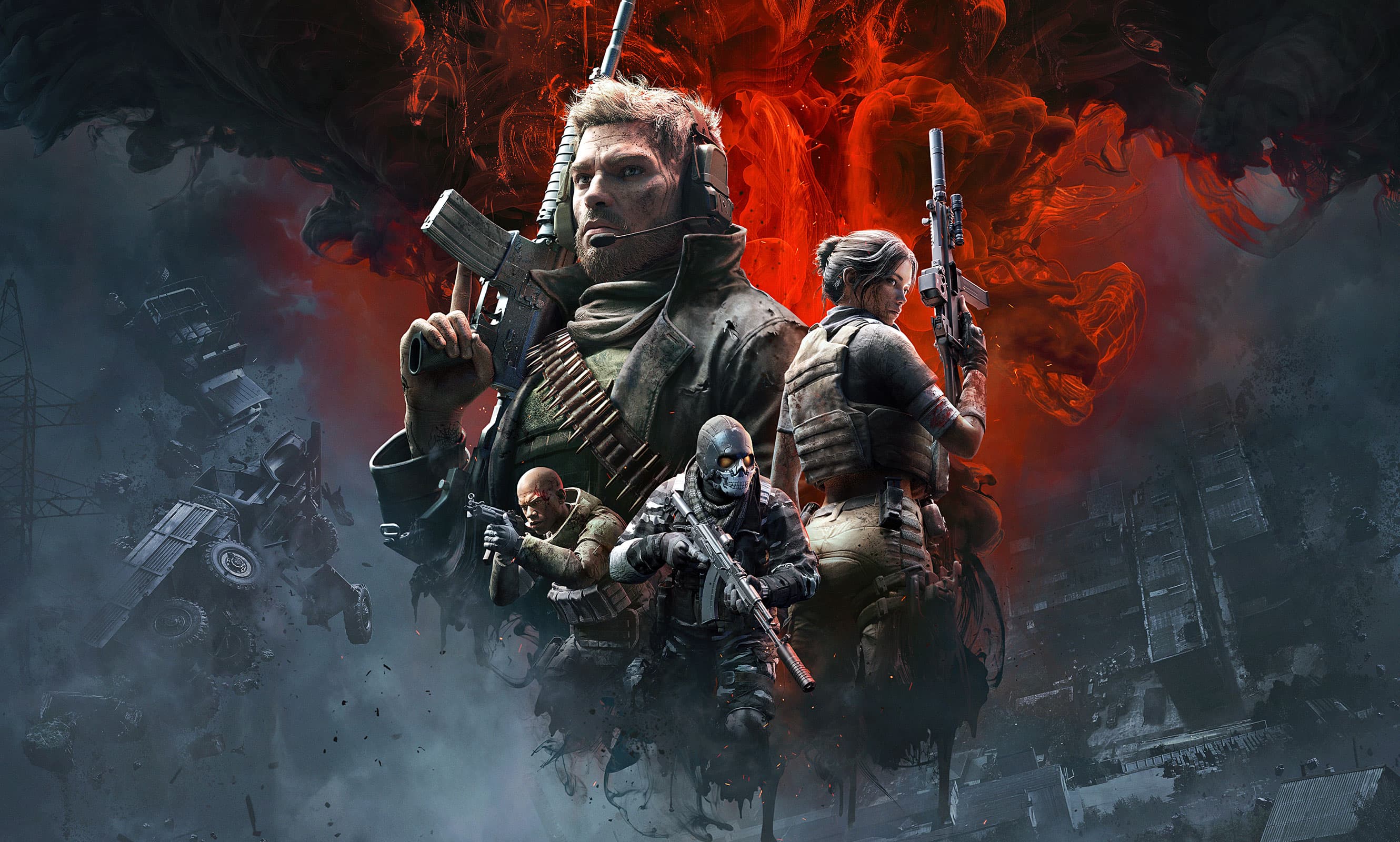 Official Active Matter release key art featuring armed operatives and an anomalous entity